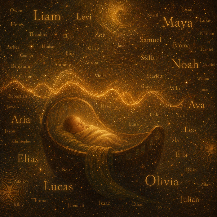 A sleeping baby in a cradle surrounded by a starfield of names