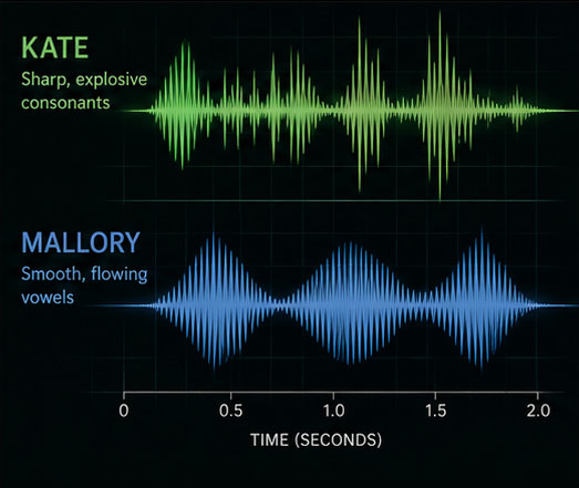 Waveform comparison of the sharp, explosive consonants in the name Kate versus the smooth, flowing vowels in the name Mallory