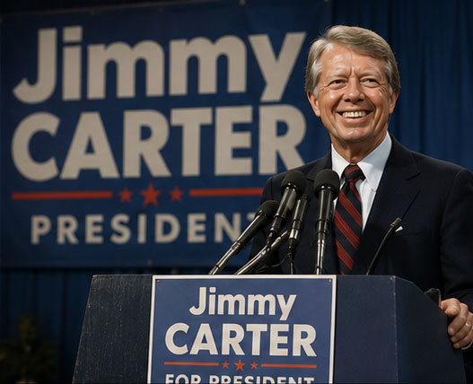 A political candidate speaking at a podium bearing his campaign name in large letters