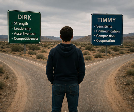 A person standing at a fork in the road facing two signs: DIRK promising strength, leadership, assertiveness and competitiveness, and TIMMY promising sensitivity, communication, compassion and cooperation