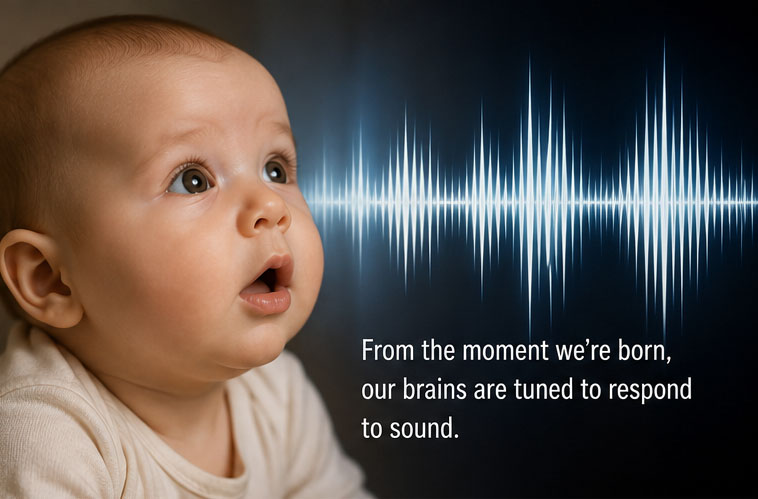 A baby reacting to a sound waveform, with the text: From the moment we're born, our brains are tuned to respond to sound