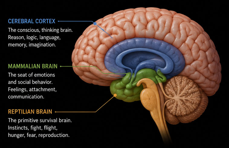 Diagram of the triune brain showing the cerebral cortex, mammalian brain, and reptilian brain