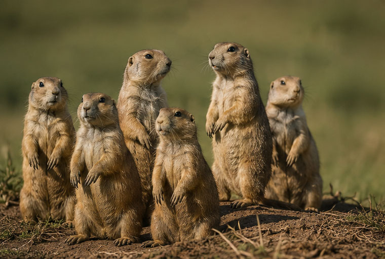A group of prairie dogs standing alert, watching for predators